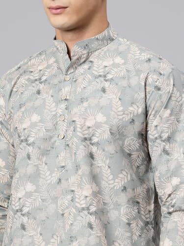 Image of Majestic Man Men's Regular Fit Ethnic Motifs Printed Pure Cotton Long Kurta with Mandarin Collar & Full Sleeves