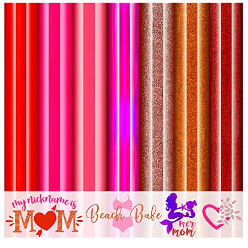 HTV Heat Transfer Vinyl Bundle Holographic Purple Iron on Vinyl for Cricut Iron Vinyl Bundle for DIY Shirt Gifts for Mom 8pcs Pre-Cut Red HTV Vinyl Sheet,12 x 10in