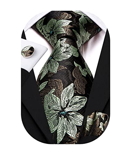 Image of Hi-Tie Paisley Floral Ties Set for Men Silk Mens Stripes Necktie Pocket Square Cufflinks Set Formal Business