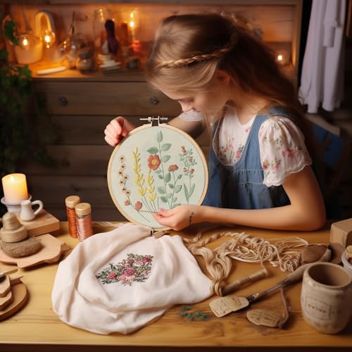 Image of Bonroy 4 Sets Embroidery Kit for Beginners,Embroidery Kit for Art Craft Handy Sewing Include Embroidery Clothes with Pattern,Embroidery Hoops, Instructions,Color Threads Needle Kit (Multi 5)
