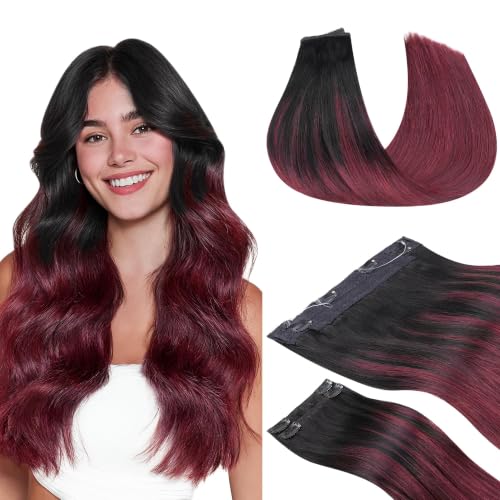 GOO GOO Wire Hair Extensions Human Hair, 1/99 Balayage Jet Black to Red, 14inch 105g, Invisible Wire Hair Extensions with Transparent, Seamless Fish Line Hairpiece