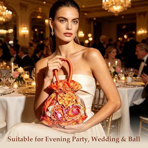Image of TENDYCOCO Orange Women Clutches Purse, Satin Ribbon Material Lace Floral Bucket Evening Handbag, Flower Shaped Clutch, Phone Purse Mini Bag for Wedding, Prom, Party