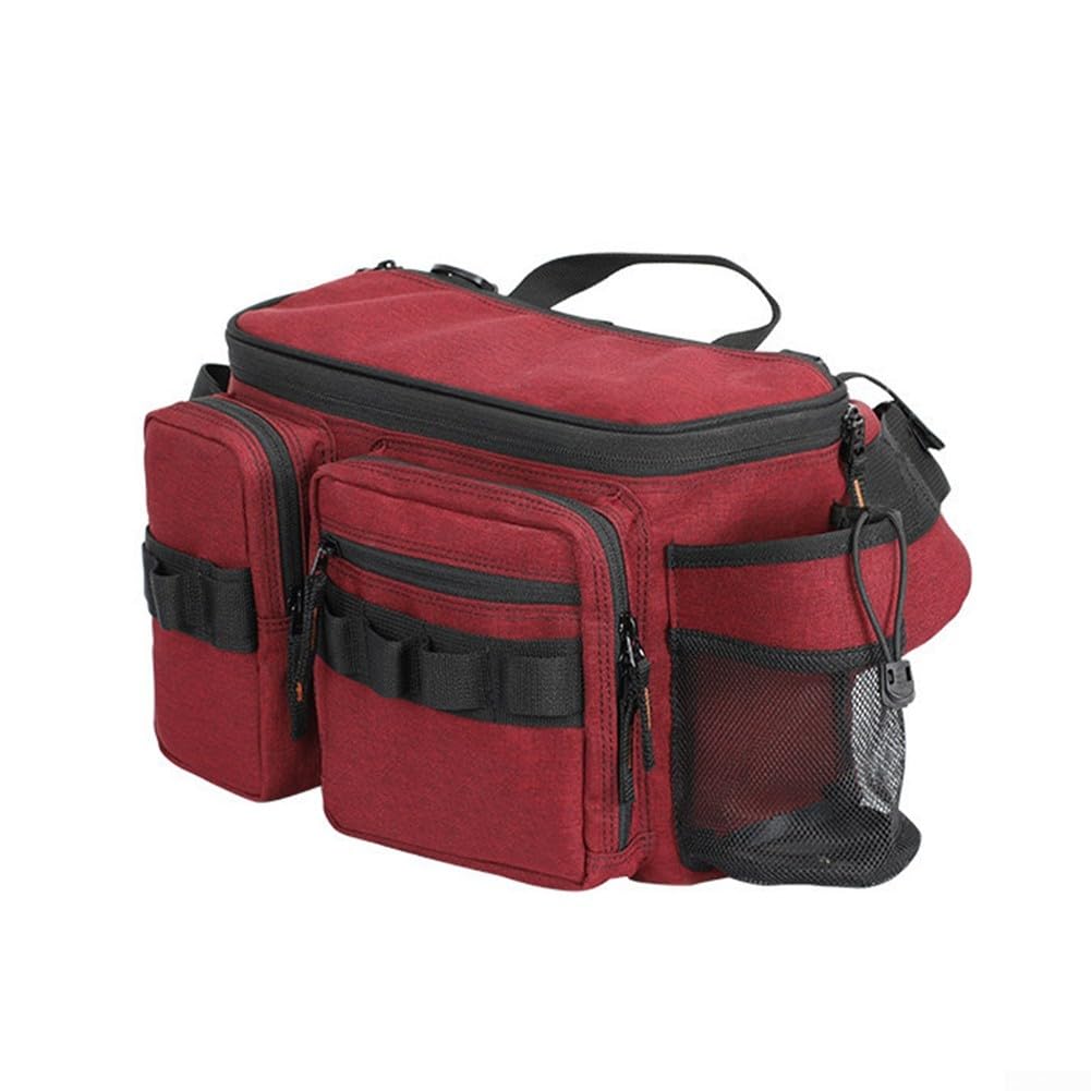 Borsa da Pesca Nylon con Portacanna e Tasca Esche(Red medium) | Zip ampia a U, per accesso per alle esche, organizer interno, ideale per riva e barca, nylon resistente
