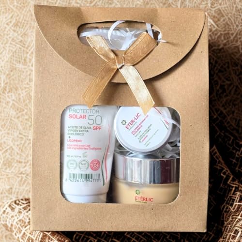 Set di creme ecologiche Etherlic | Crema viso idratante e rassodante + Protetti Solari SPF 50 + Balsamo per le labbra ecologiche | Regali originali per donna | Regalo di Natale donna