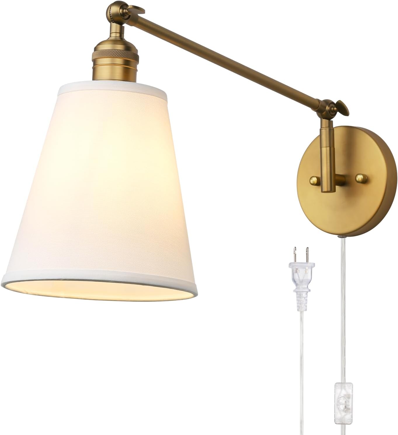 PERMO Retro Swing Arm Wall Sconce Plug in Wall Lamp Single Sconce Light Fixture with White Fabric Shade for Bedroom Living Room Home Office Antique Gold
