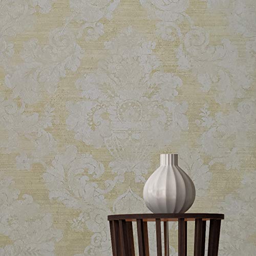 Victorian Wallpaper Gold Off White Damask Wall coverings Textured Plaster