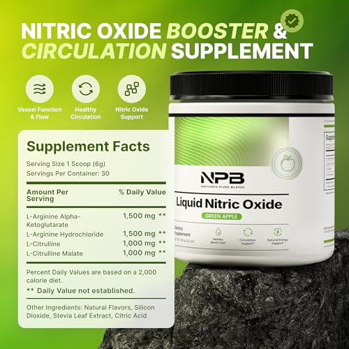 Image of Nature's Pure Blend Liquid Nitric Oxide Supplements for Men - L-Arginine Powder - Nitric Oxide Booster & Circulation Supplement - Blood Flow Support, L Arginine and L Citrulline - 5000MG (Green Apple)