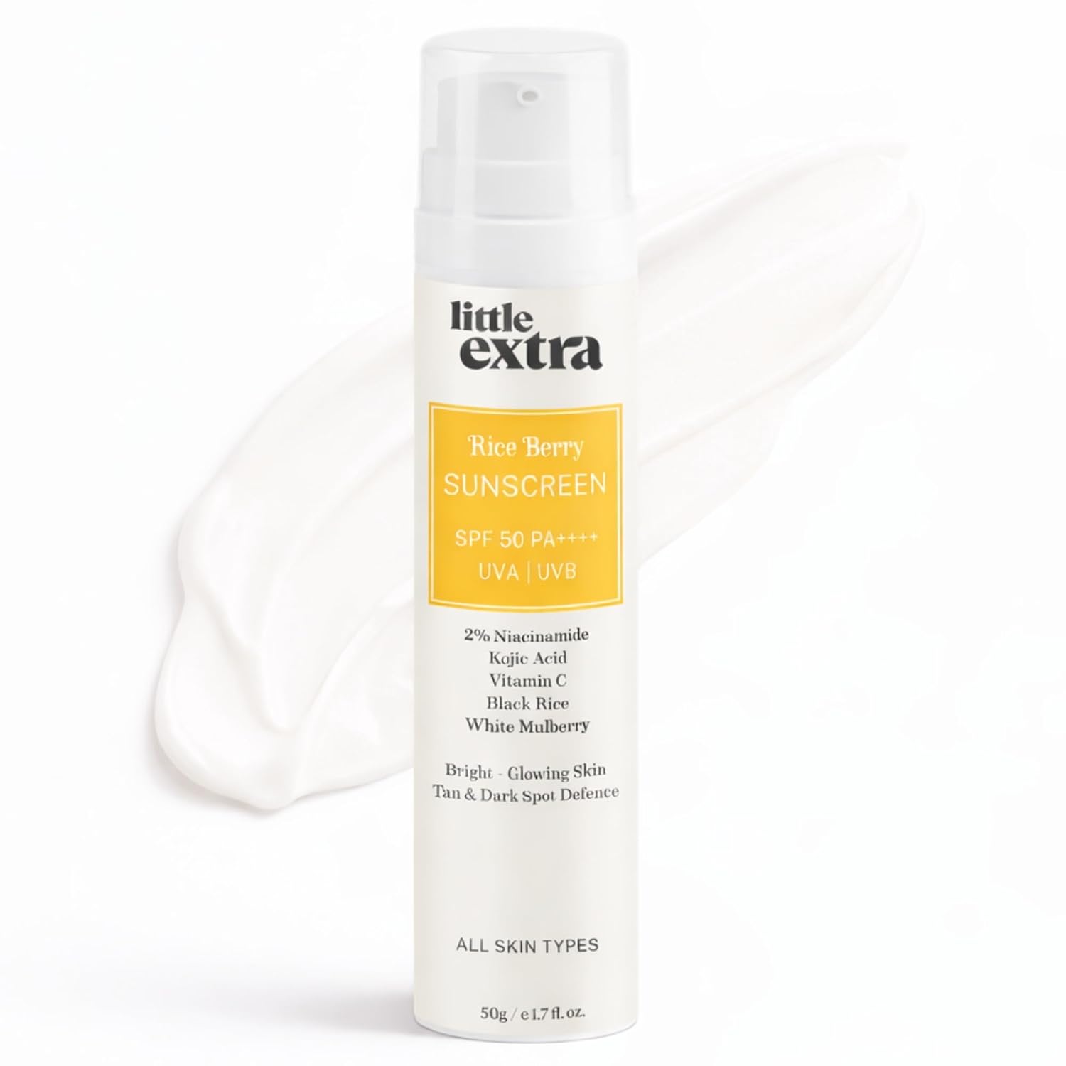 little extra Rice Berry Sunscreen, Spf 50 Pa++++, Uva/B, Fast Absorbing, With Niacinamide, Kojic Acid, Vitamin C, Black Ri...