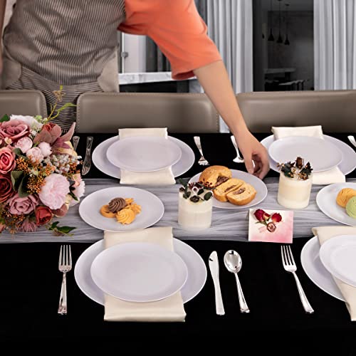 Pulote 100Pcs White Plastic Plates-Premium Quality Heavyweight White Disposable Plates Including 50 White Dinner Plates, 50 White Dessert/Salad Plates,For Wedding&Party #TOP6