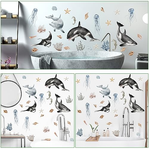 Rw-96221 Giant Ocean Animals Wall Decals Blue Grey Whales Ocean View Wall Stickers Diy Removable Marine Sea Life Seaweed Whelks Wall Art Decor For Kids Teens Bedroom Living Room Nursery Playroom Decoration #TOP2