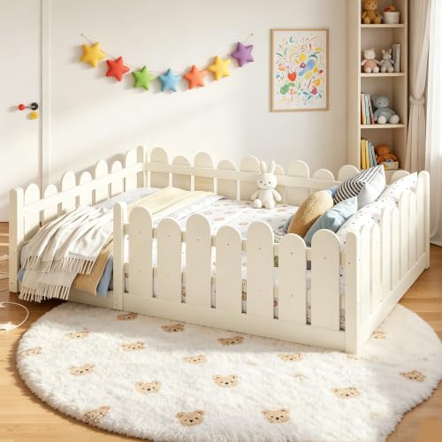 Image of Bellemave Full Size Kids Montessori Floor Bed,Floor Bed Frame with Rounded Safety Guardrail,Solid Wood Montessori Bed for Girls Boys,Beige