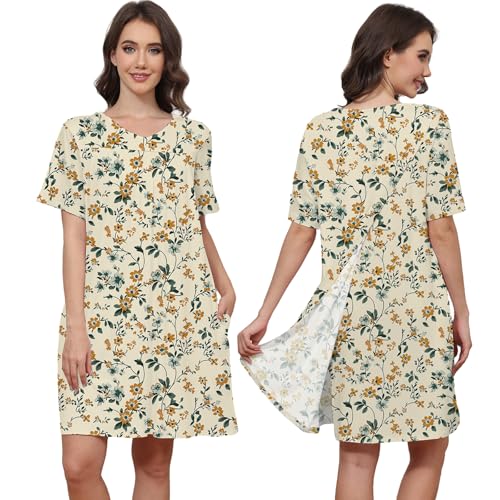Image of Hospital Gowns for Women Open Back Tear Away Snap Post shoulder Dress Short Sleeve Soft Adaptive Clothing with Pockets