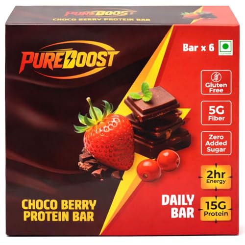 Image of Choco Berry Protein Bar | 15g Protein Energy Bar | Gluten Free High Fiber Healthy Snack | Zero Added Sugar Nutrition Bar | Daily Fitness, Gym & Diet Snack - 50g (Pack of 6)