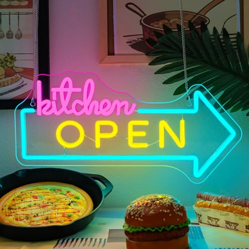 Image of Kitchen Open LED Neon Sign Dimmable Restaurant Wall Decor Fast Food Shop Sign Home Kitchen Decor USB Powered Adjustable Brightness Lights Food LED Neon Light for Restaurant Kitchen Store Snack Shop Party Business Decor