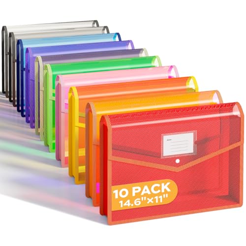Image of Deli 10 Pack Plastic Expanding File Folder, Folders for Documents with Snap Closure, Colorful File Folder Organizer, Transparent Accordion File Organizer, Large Capacity, Fit Legal/B4 Size, 9 Colors