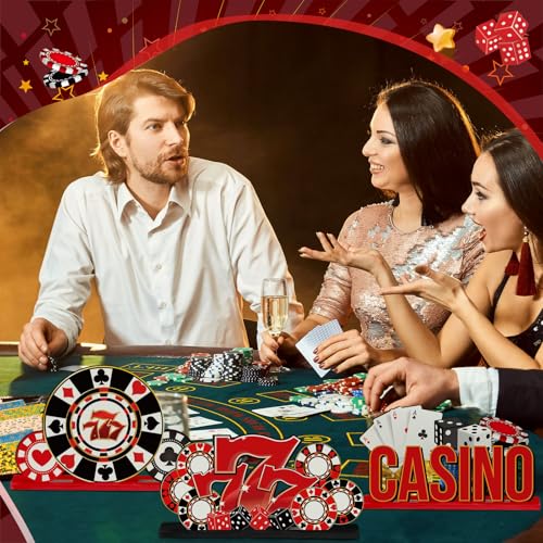 Image of CroBlissful 6 Pcs Casino Theme Table Centerpieces Casino Theme Party Decorations Poker Chips Poker Machines Dice Spades Wooden Signs for Birthday Party Decoration