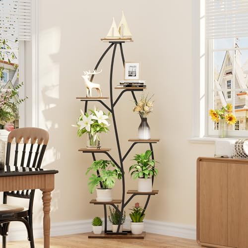 Image of Plant Stand Indoor with Grow Lights - Lighted Indoor Plant Shelf, 63 inch 8 Tier Corner Plants Stands for Indoor Growing, Leaf-Shaped Tall Flower Display Shelves Holder for Living Room, Bedroom, Black