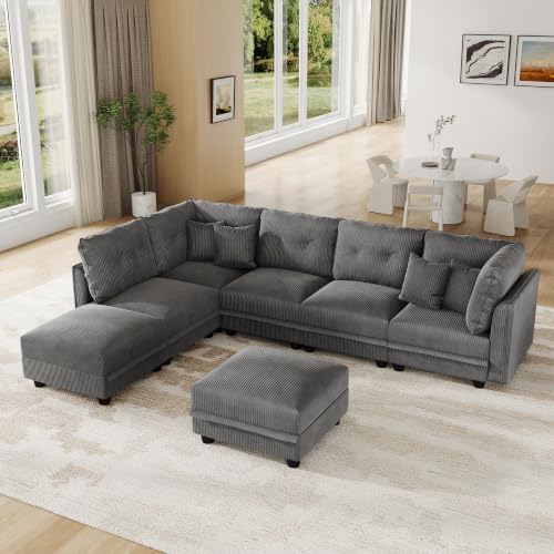 Image of LLappuil Modular Sectional Sofa with Storage, U-Shaped 7-Seat Corduroy Couch with 7 Throw Pillows, Pet-Friendly Convertible Sofa for Living Room & Apartment, Skin-Friendly, Grey