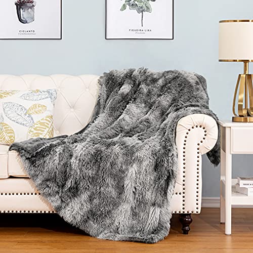 HBlife Luxury Soft Faux Fur Throw Blanket 50 X60 , Solid Reversible Lightweight Shaggy Fuzzy Blanket Plush Fluffy Cozy Decoration Throw Blankets for Couch and Living Room, Tye Die Gray