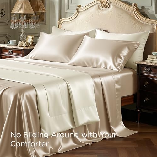 Image of Bedsure Khaki Satin Sheets Queen Size, Soft Silky Bedsheet for Hair & Skin | Similar to Silk Bed Sheets Set 4 Piece with 15 Inches Deep Pocket Fitted Sheet,1 Flat Sheet, 2 Satin Pillowcases