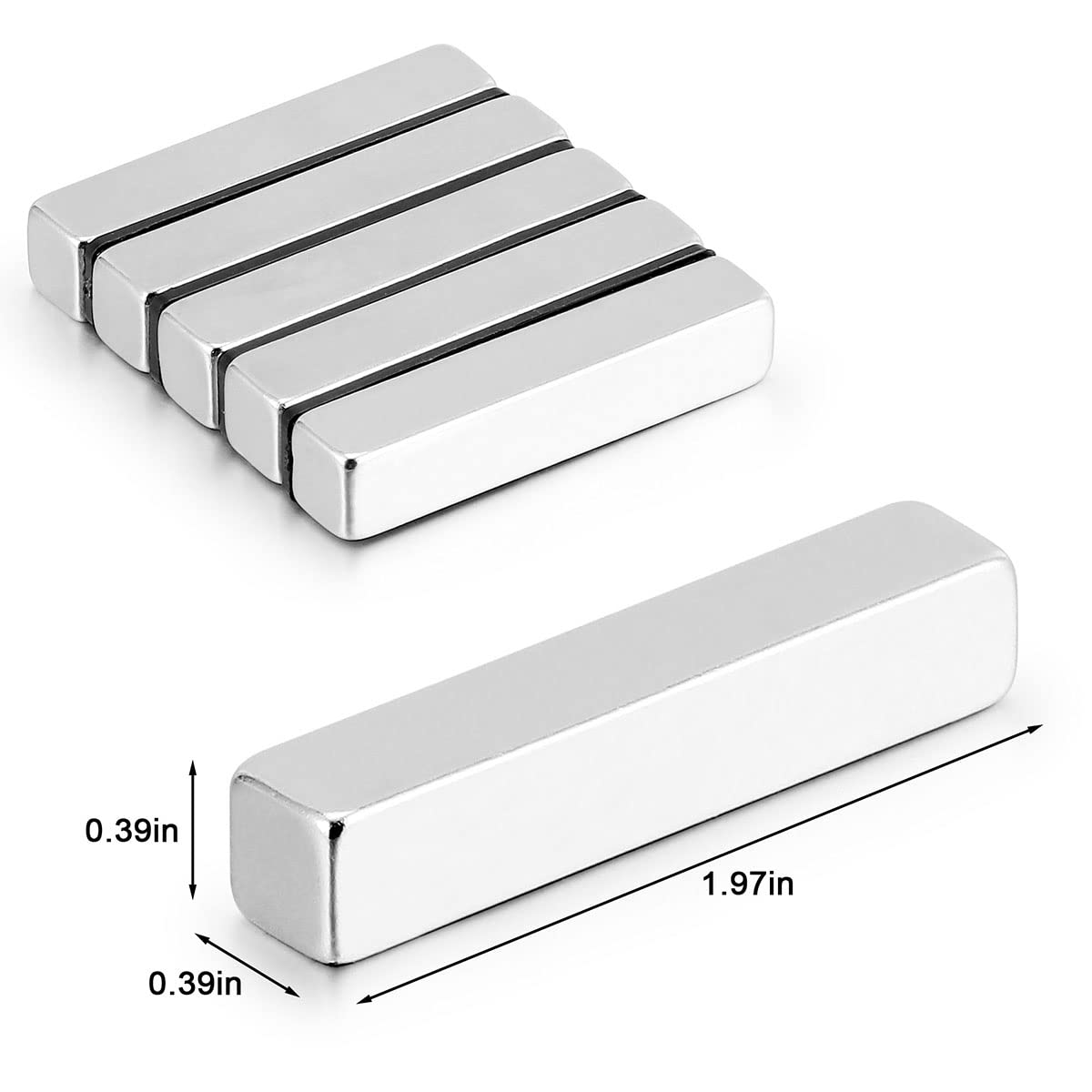Spencer Neodymium Rectangular Bar Magnets - 48x10x10mm, Pack of 6 - Silver