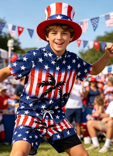 Image of UNICOMIDEA Boys 4th of July Outfits Kids Patriotic Independence Day Tropical Short Sets for 5-12 Years