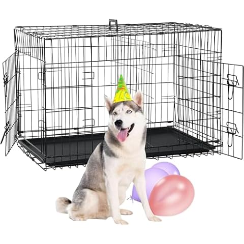 Large Dog Crate Kennel 48 Inch Metal Wire Dog Crate, Double-Door Folding Indoor and Outdoor Pet Dog Crates Dog Kennel with Plastic Tray and Handle Dog Crate Furniture for Medium Large Dogs, Black Cover