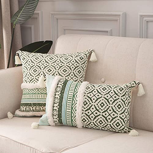 Image of Modern Homes Boho Tufted Decorative Throw Pillow Covers for Couch Sofa - Moroccan Style Cushion Covers with Tassels, Accent Decor Pillow for Bedroom Living Room (Green, 16x16 inch)