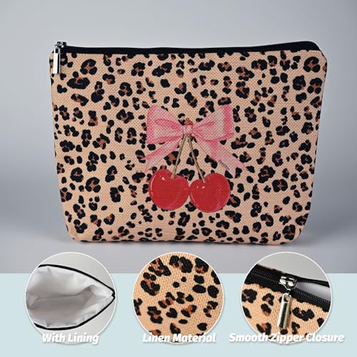 Leopard Print Cherry Makeup Bag,Cosmetic Bag for Women, Large Capacity Toiletry Bag,Zipper Pouch, Travel Accessories Storage with Lining2