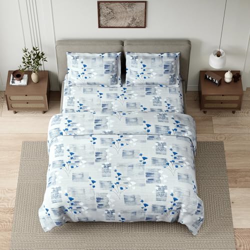 Image of Haus & kinder Double Bedsheet for Queen Size Bed | 90 x 100 Inches 144 TC Cotton Bedsheet for Double Bed with 2 Pillow Covers - Blue Flower Sketch