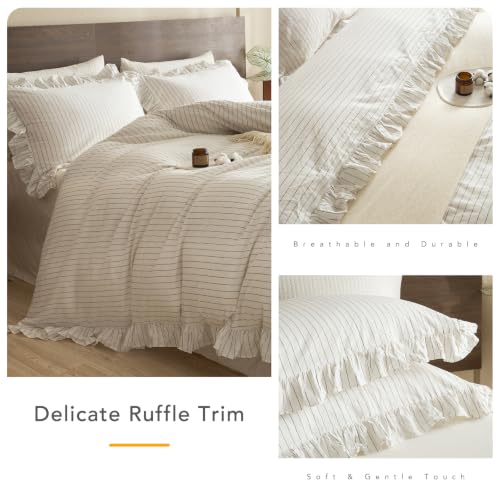 Image of QSH White Dark Grey Wide Stripes Ruffled Duvet Cover Set King Size,3PCs Washed Cotton Farmhouse Striped Ruffle Bedding Quilt Cover Ultra Soft Breathable Comforter Cover Set King with Pillow Shams
