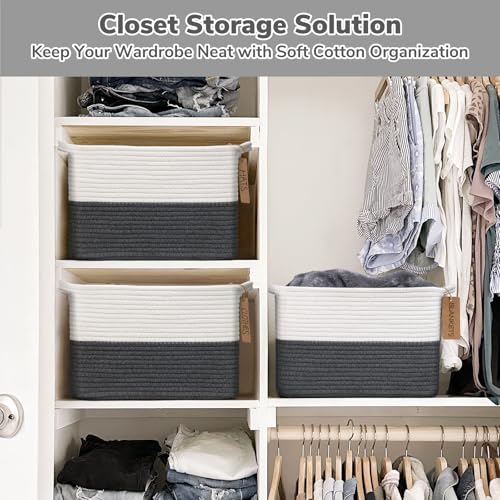 Image of Goodpick Woven Rope Storage Basket for Shelves, Rectangle, Dark Gray | 13 inch x 10 inch x 9 inch Stylish Gift Basket for Home Decor, Cotton Rope Baskets for Baby Toys, Books & Towels Storage, Writable Label