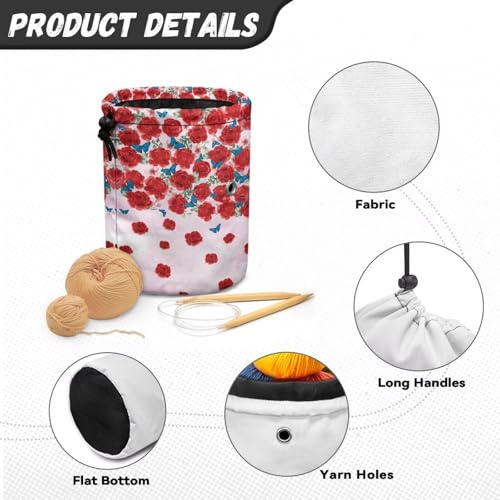 Image of Sellikakes Yarn Organizer Crochet Storage Bag, Rose Butterfly Portable Knitting Storage Bag Yarn Holder Stores Yarn Skein Ball, Crochet Project Knitting Supplies and Sewing Accessories,