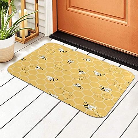 D-Rings Outdoor/Indoor Durable and Waterproof Machine Washable Standing Kitchen Mat Honey Rustic, Bee Festival Kitchen Mats Cushioned Hive Yellow Honey White Flower Non Slip Entrance Rug Cover