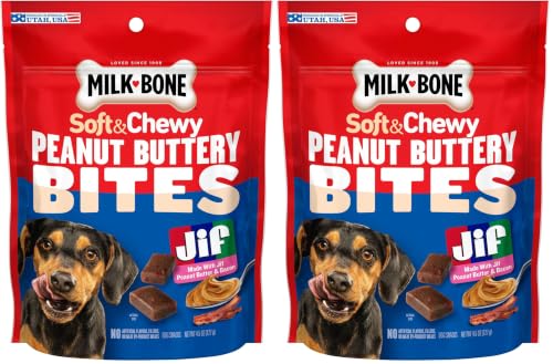Image of Milk-Bone Peanut Buttery Bites, Soft Dog Treats with Jif Peanut Butter & Real Bacon, 4.5 Oz. Bags (Pack of 2)