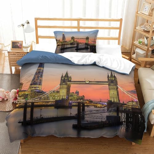 AAHARYA Parure de lit Simple imprimée London Bridge, Housse de Couette en Microfibre Douce avec taies d'oreiller Simple (135 x 200 cm)