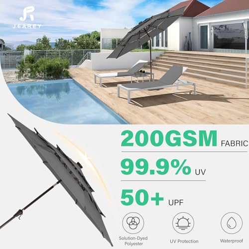 Image of JEAREY 3 Tiers Patio Umbrella with Solar Lights 9ft Outdoor Market Table Umbrellas with Push Button Tilt for Outside Pool Garden, Gray