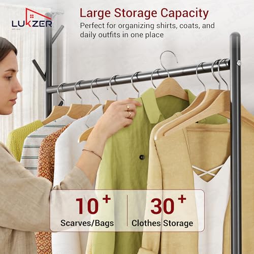 Image of Lukzer | MGR-004 | Black | Metal Cloth Stand & Garment Organizer with Wheels, 2 Bottom Shelves & Mesh Base - Freestanding Coat Rack for Bedroom, Laundry, Office & More | 173 x 110 x 35 cm