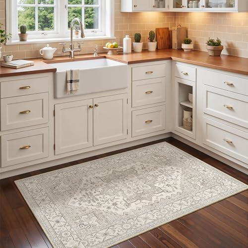 Madane Washable Area Rug 2x3, Small Entryway Rug Non-Slip Vintage Door Mat Indoor Entrance, Low Pile Floor Carpet for Inside Front Door Bedroom Kitchen Entry Laundry (2'x3', Beige/Brown)