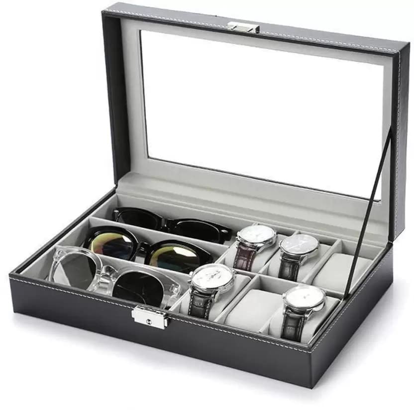 Skywalk 2-in-1 Wrist Watch and Sunglass Display and Storage Box in Faux Leather - 6 Slots for Watch and 3 Slots for Sunglasses (B0BWN2G23P) Amazon Price History, Amazon Price Tracker