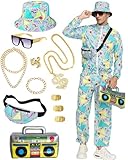 Asuaxy 80s Outfit for Men Women 90s Hip Hop Costume for Themed Party Track Suits Halloween Retro Rapper Windbreaker Pants Set (L)