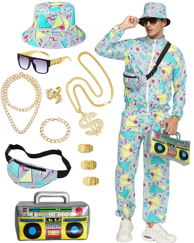 Asuaxy 80s Outfit for Men Women 90s Hip Hop Costume for Themed Party Track Suits Halloween Retro Rapper Windbreaker Pants Set (L)