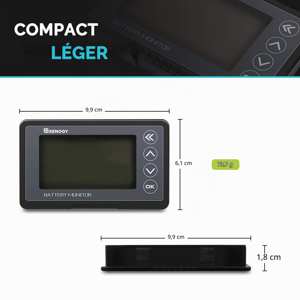 Renogy Moniteur de Batterie 500 A Haute et Basse Tension programmable Alarme pour Lithium