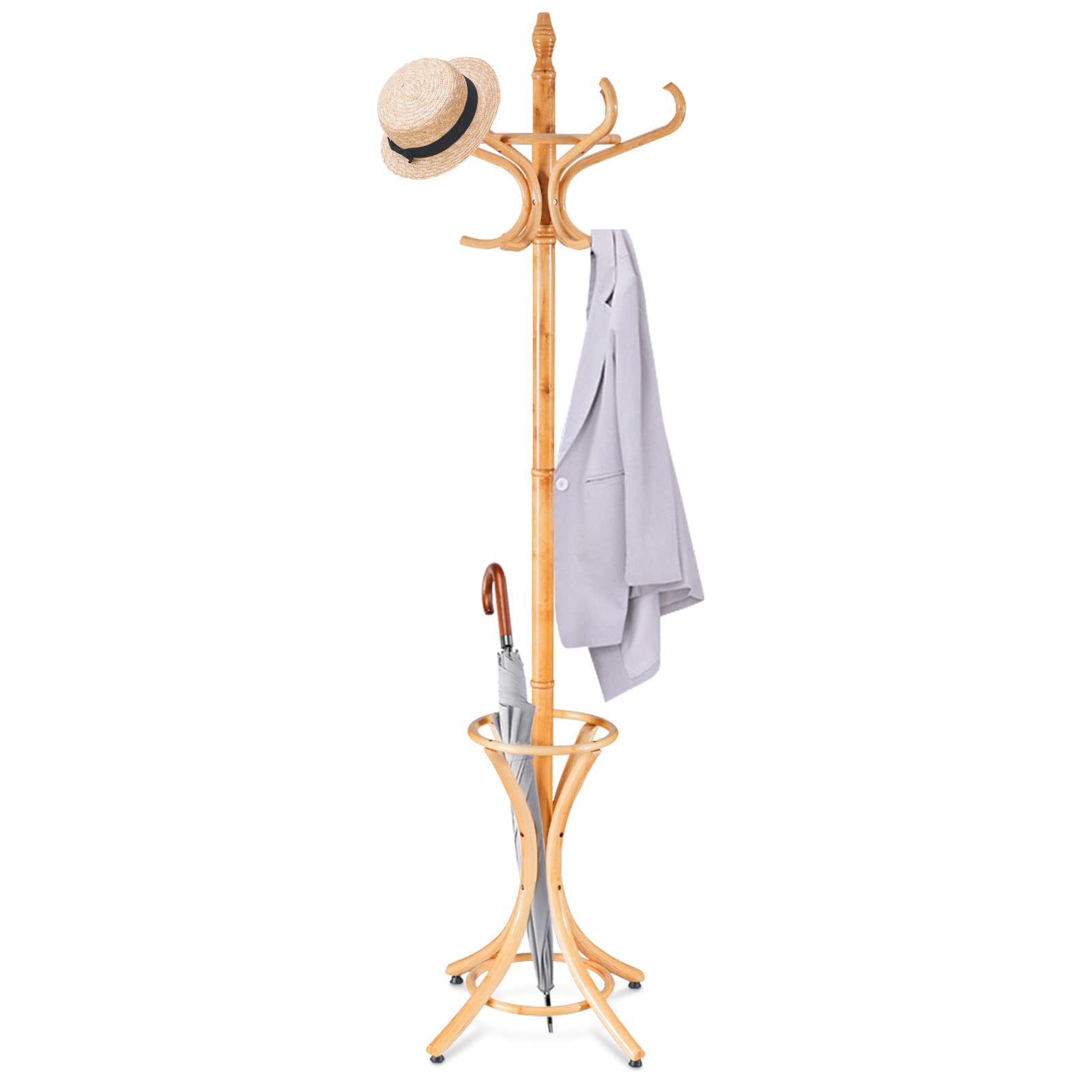 RELAX4LIFE Appendiabiti da Terra con Portaombrelli, Legno Massello, Attaccapanni Alto 184 cm, con 8 Ganci e Piedini, Stand Appendiabiti per Ingresso, Corridoio, Entrata