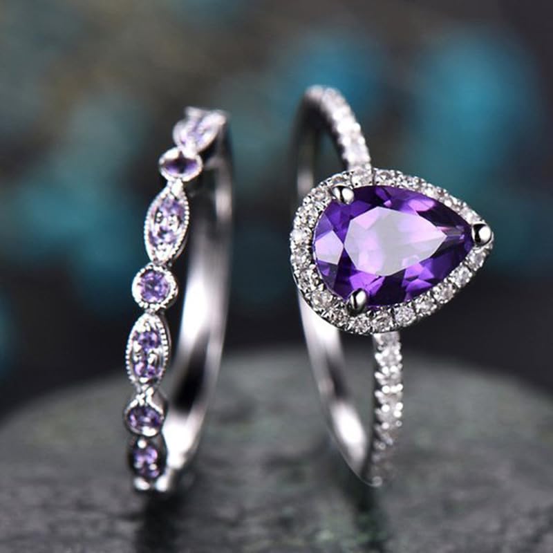 A Set Of Purple Elegant Water Droplet Zirconia Ring For Women Exquisite Light Luxury Rings Ladies Fine Jewelry Daily Life Dating Decor For Wedding2