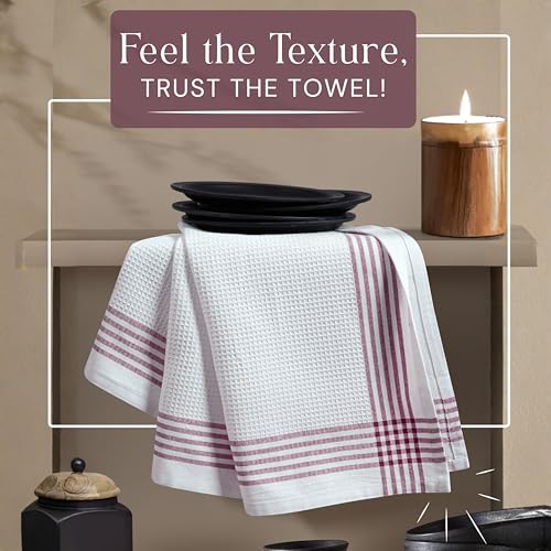 Image of Waffle White & Burgundy Wine Dish Towels Set of 12, 100% Cotton, 16x26 inches, Reusable Cleaning Cloths for Drying Dishes, Quick Dry Kitchen Towel, Durable for Heavy-Duty Use