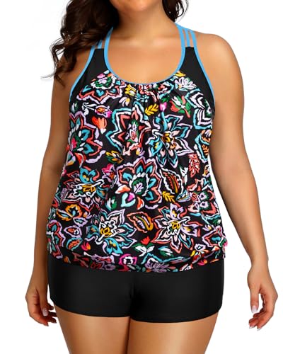 Image of Holipick Plus Size Tankini Swimsuit for Women Two Piece Tummy Control Bathing Suit Blouson Racerback Tankini Top with Shorts