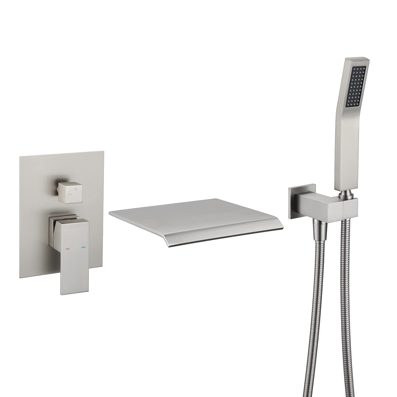 Wall Mount Tub Filler Waterfall Tub Faucet Brushed Nickel Bathtub Faucet Brass Single Handle Bathroom Faucet with Hand