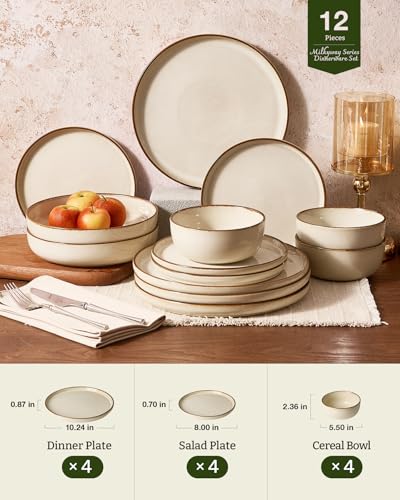 Image of Famiware Milkyway Stoneware Dinnerware Set, 12-Piece, Double Reactive Glaze, Plates and Bowls, Service for 4, Microwave and Dishwasher Safe, Scratch-Resistant, Light khaki