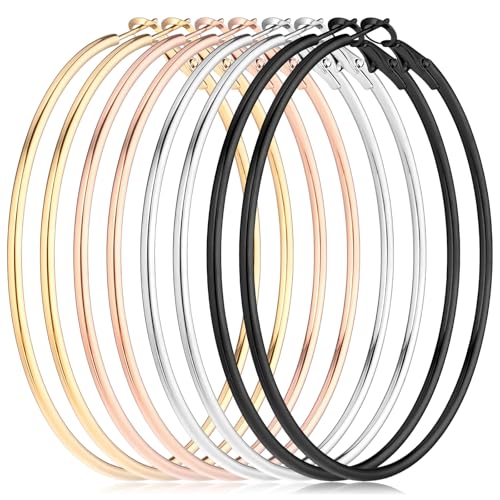 4Pcs Stainless Steel Hoop Earrings, Large Circle Silver Hoop Cartilage Gold Silver Rose gold Black Oversize Earrings for Women